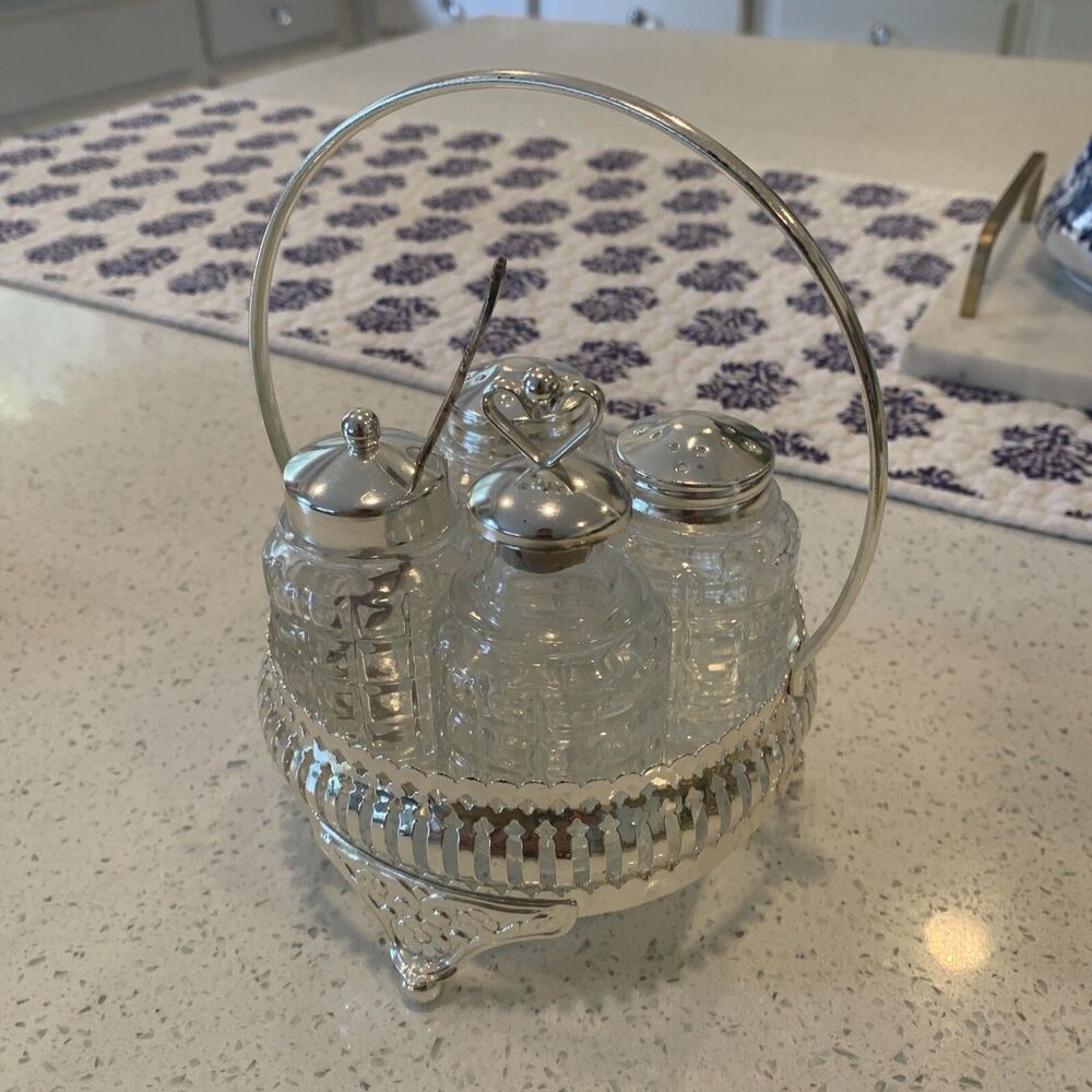 Genuine Etched Crystal Condiment Jars w/lids & spoons on server ~ Sheffield Eng.
